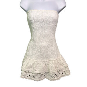 NWT Edikted Strapless Smocked Drop Waist Mini Dress Womens M White Ruffle Hem